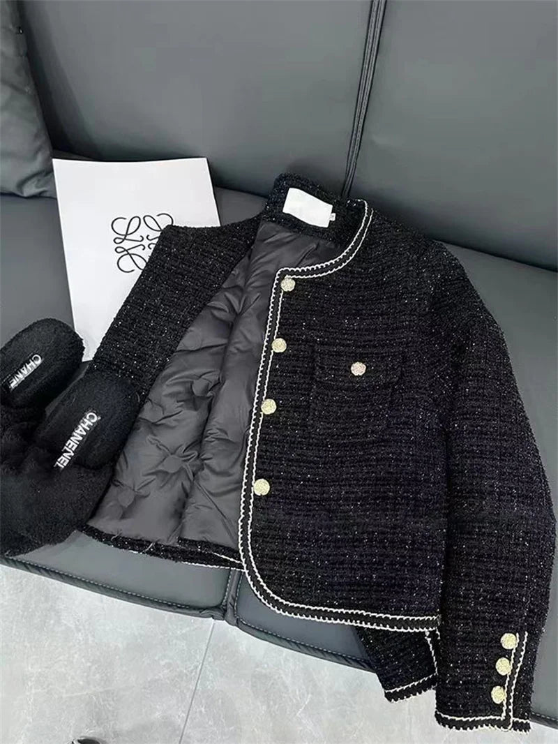 High-End Warm Down Cotton Jacket With Fragrance Tweed Woven Quilted Woolen Suit For Women Autumn Winter 2024 O-Neck Short Top