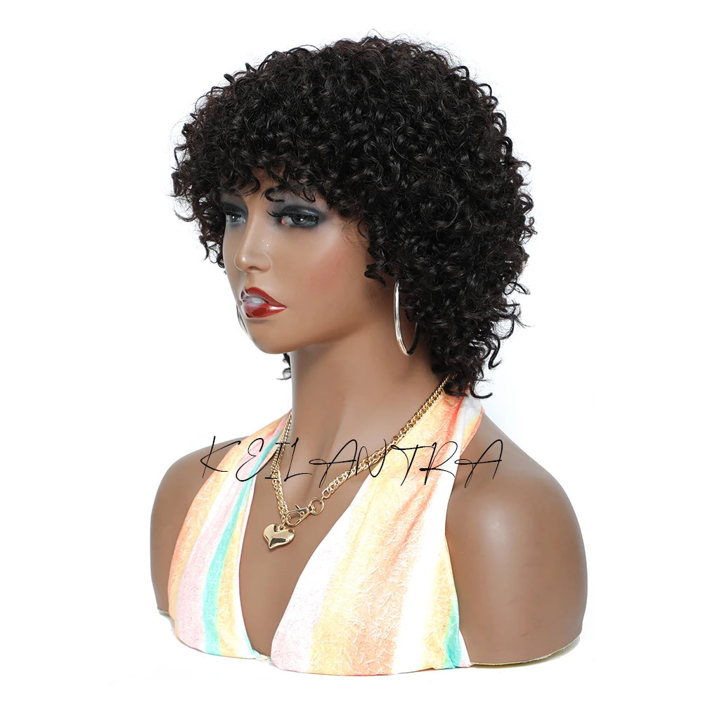 Short Curly Human Hair Wig With Bangs Afro Wig None Lace Front Human Hair Wigs for Black Women 180% Density Kinky Curly Wigs