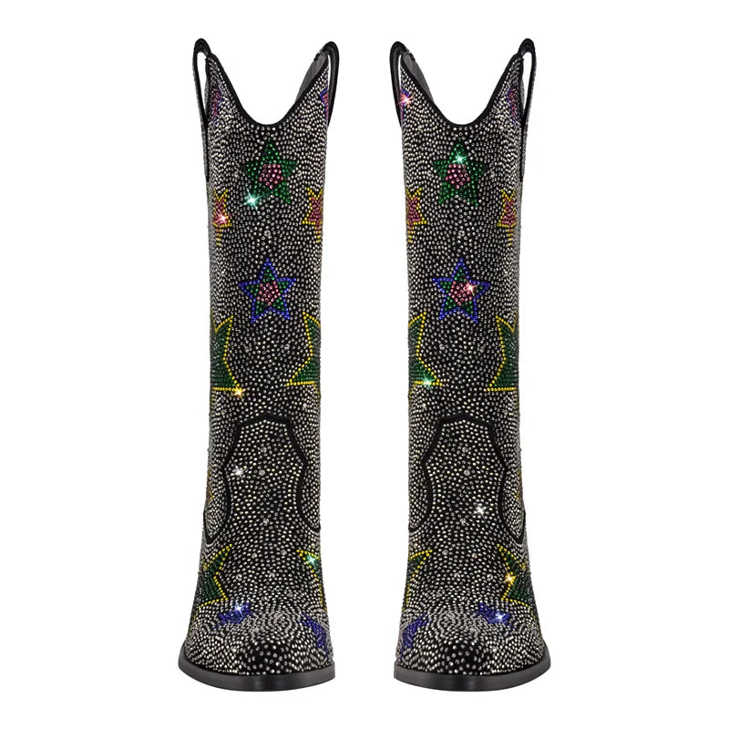 Rhinestone Lace Up Mid Calf Western Boots for Women
