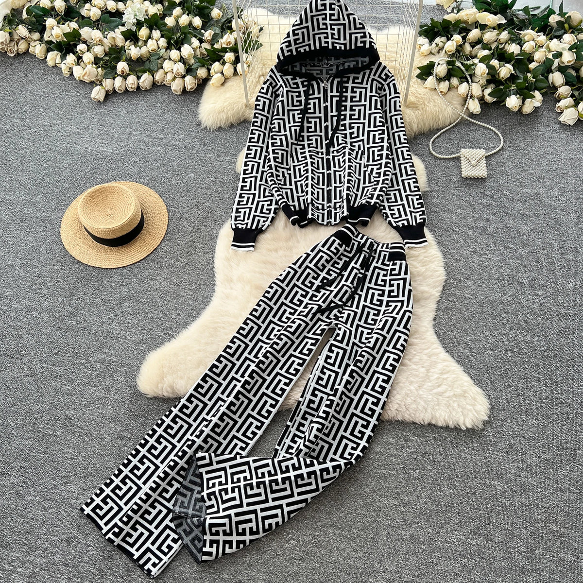 Geometric Print Hooded Knit Two Piece Set for Women