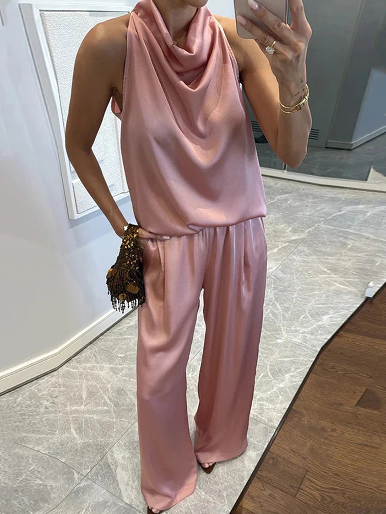 Pile Collar Sleeveless Top Wide Leg Pants 2CPS Sets, Women Summer Loose Elastic Waist Chic Outfit, Solid Patchwork Ladies Suits