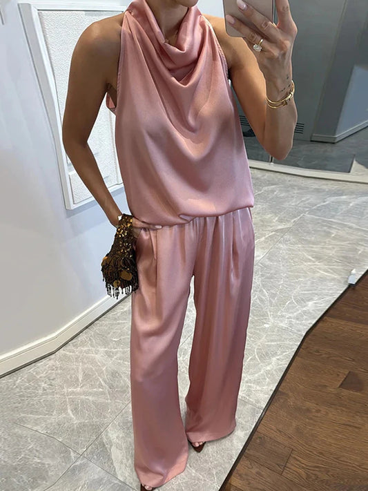 Pile Collar Sleeveless Top Wide Leg Pants 2CPS Sets, Women Summer Loose Elastic Waist Chic Outfit, Solid Patchwork Ladies Suits