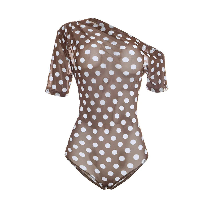 Off Shoulder Polka Dot Mesh See Through Two Piece Set for Women