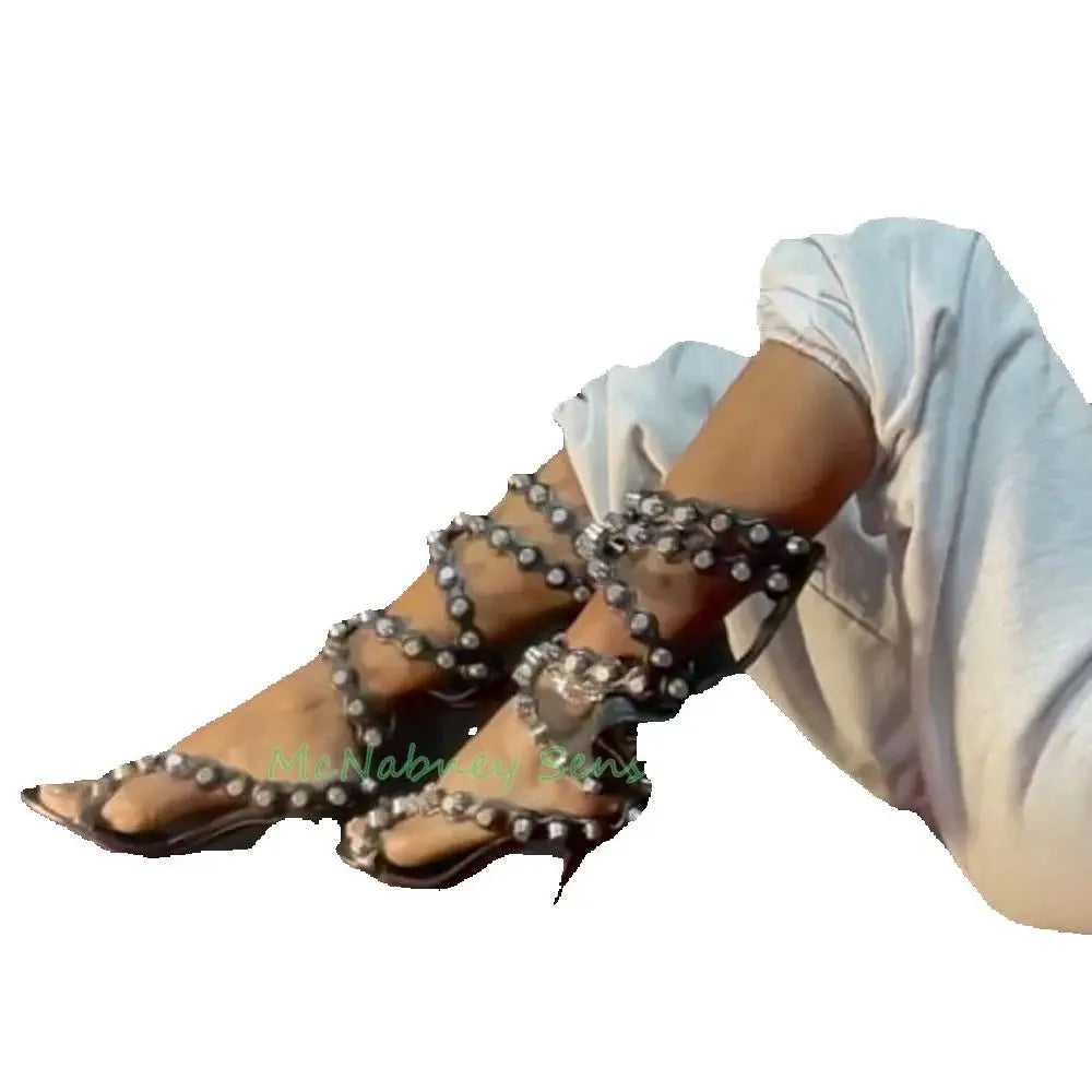 Open Toe Rivet Wrap Sandals With Stiletto Heels For Women