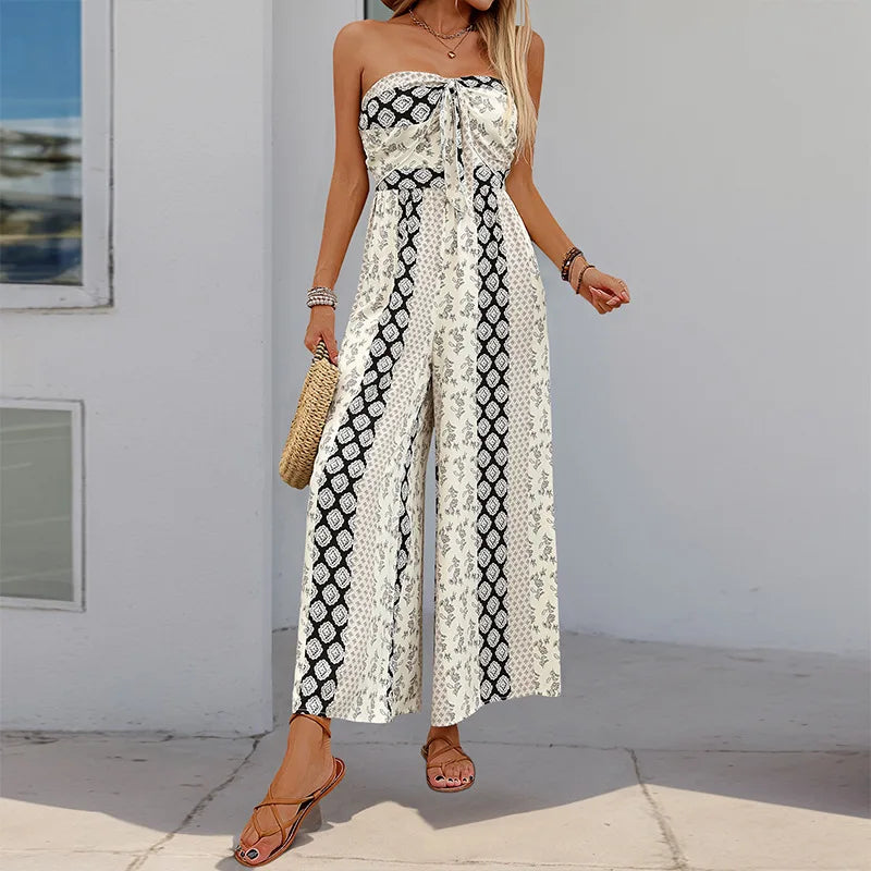 Printed Strapless Tube Top Tie Front Jumpsuit for Women