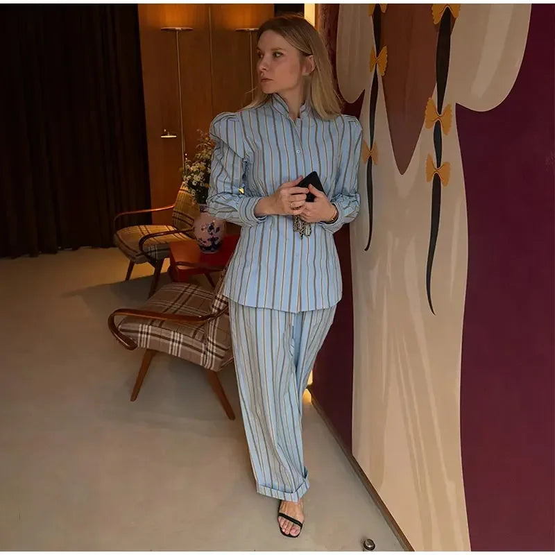Blue Striped Puff Shoulder Shirt And Pants Set For Women