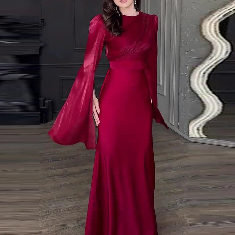 2024 New Women's O-neck Slim Satin Dress Fashion Patchwork High Waist Evening Dress Fall Elegant Solid Color Party Long Dresses