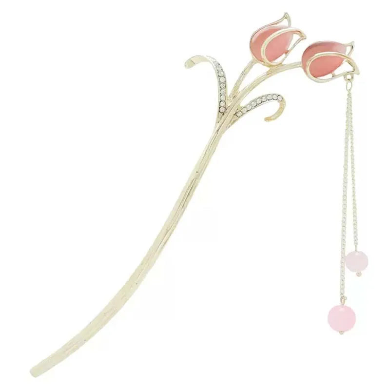 Floral Crystal Tassel Hair Sticks