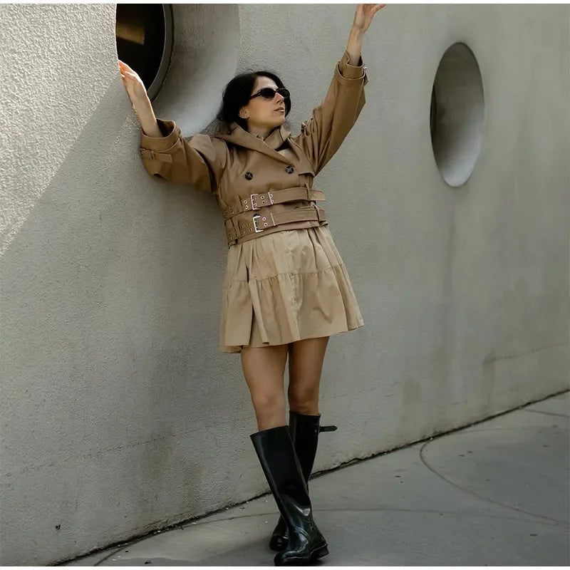 Belted Button Front Long Sleeve Short Jacket for Women