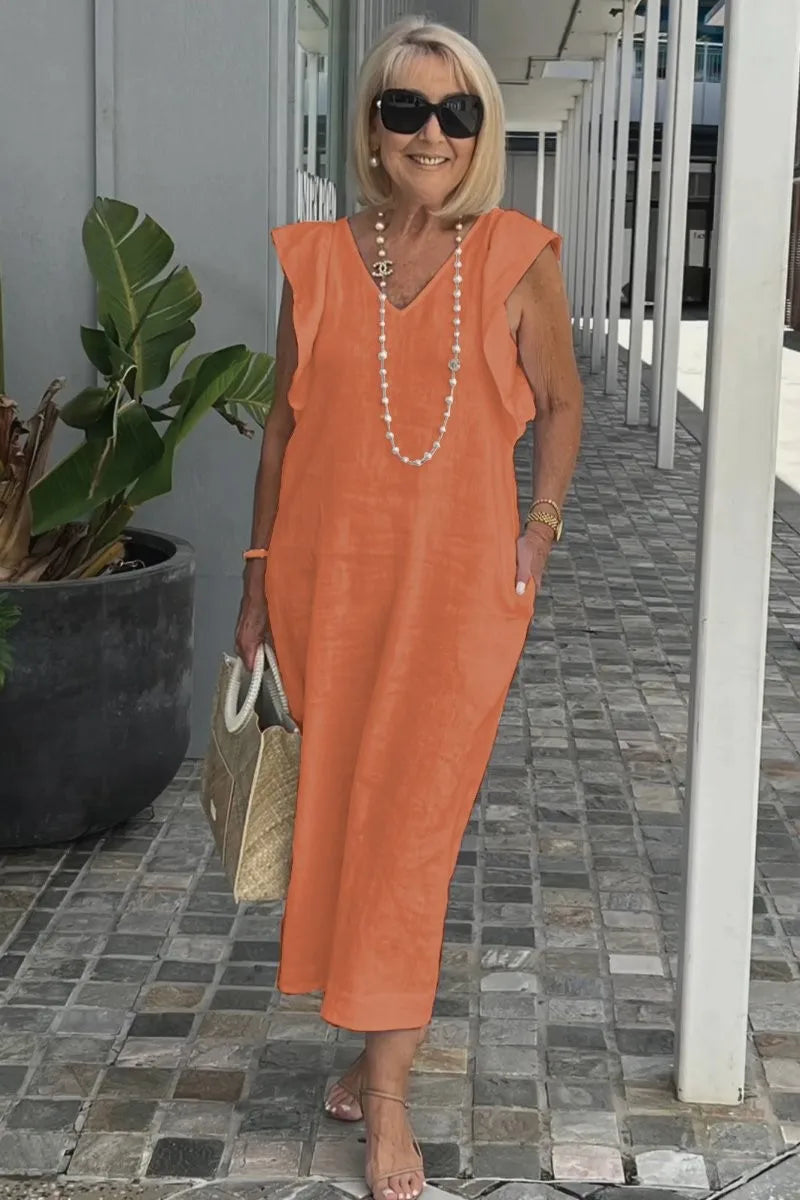 Back Tie Flutter Sleeve Ankle Length Linen Dress for Women