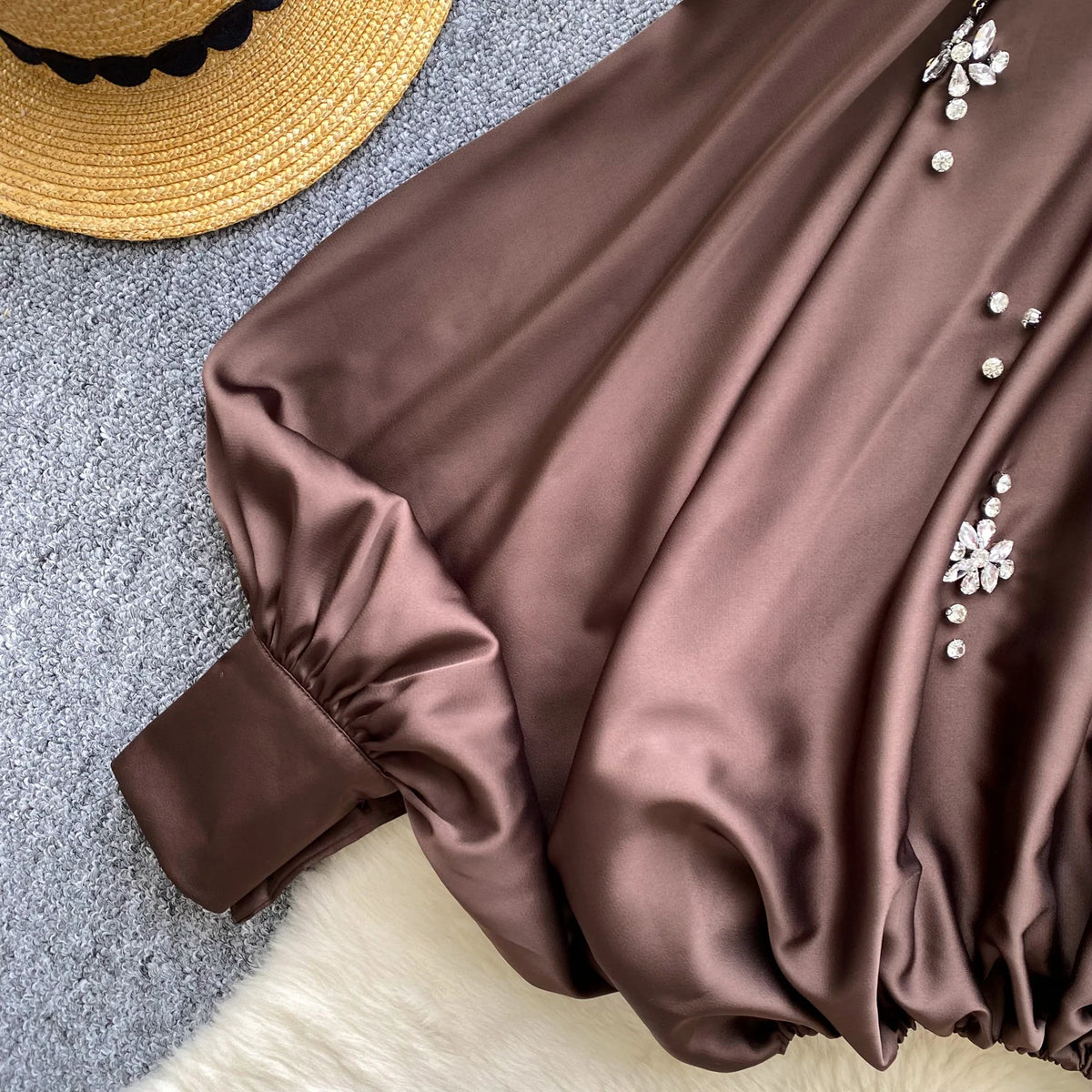 Elegant Beaded Satin Batwing Sleeve Blouse for Women