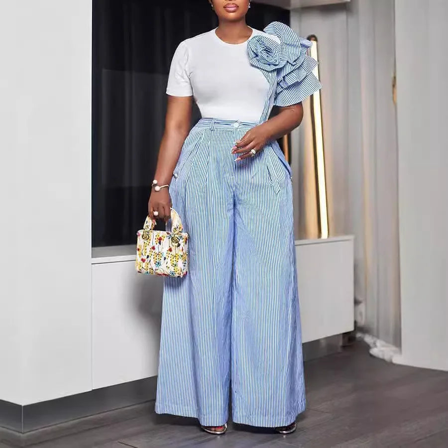 CM.YAYA Street Women's Set Short Sleeve T-shirt and Striped Floral Splicing Romper Wide Leg Pants Elegant Two 2-Piece Set Outfit