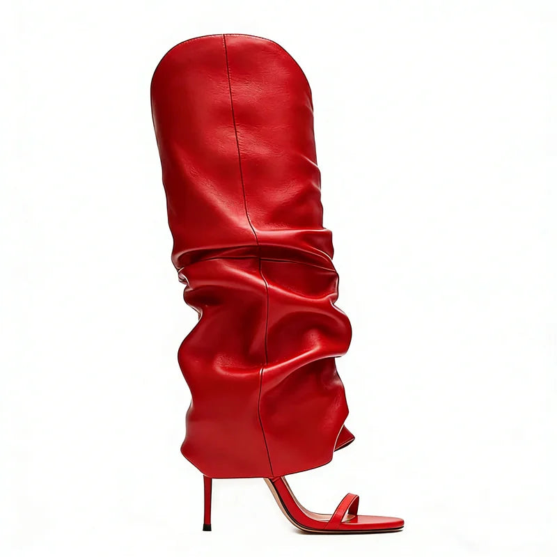 Pointed Toe Knee High Thin Heel Leather Boots for Women