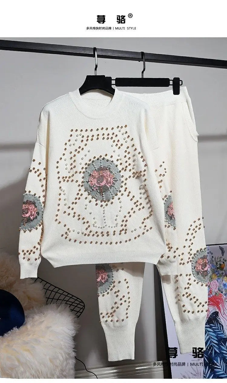 Spring Autumn Women Knitting Suits Trendy Beading Cross Stitch Pullover Sweater Top + Loose Casual Harem Pants White Knit Sets