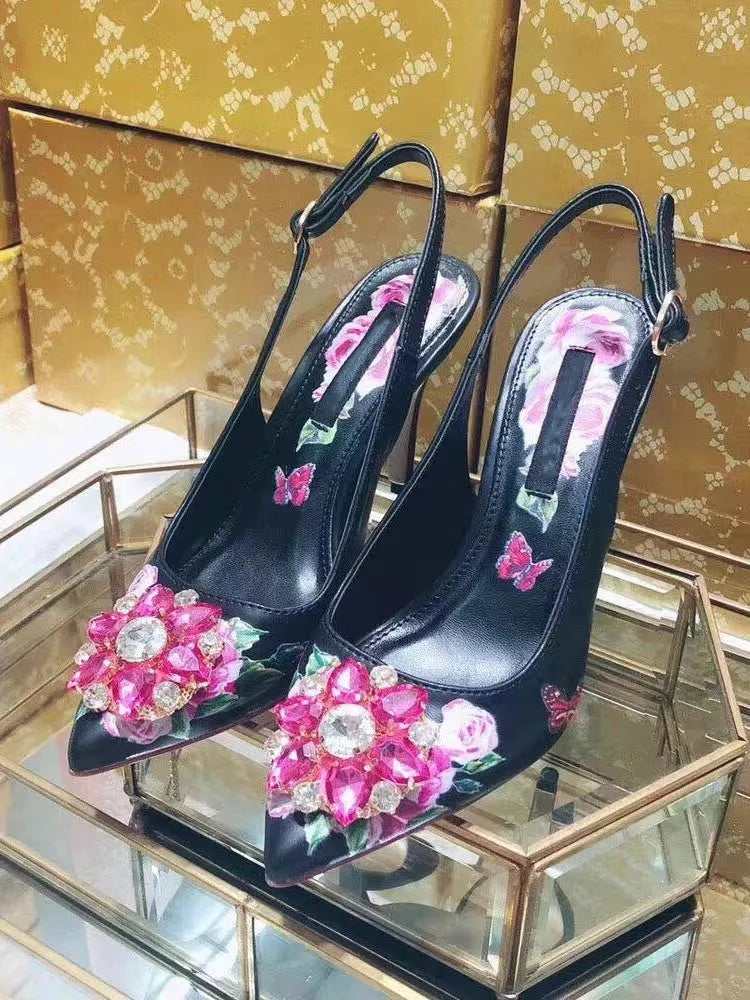 Elegant Pink Floral Rhinestone Slingback Wedding High Heels Pumps for Women