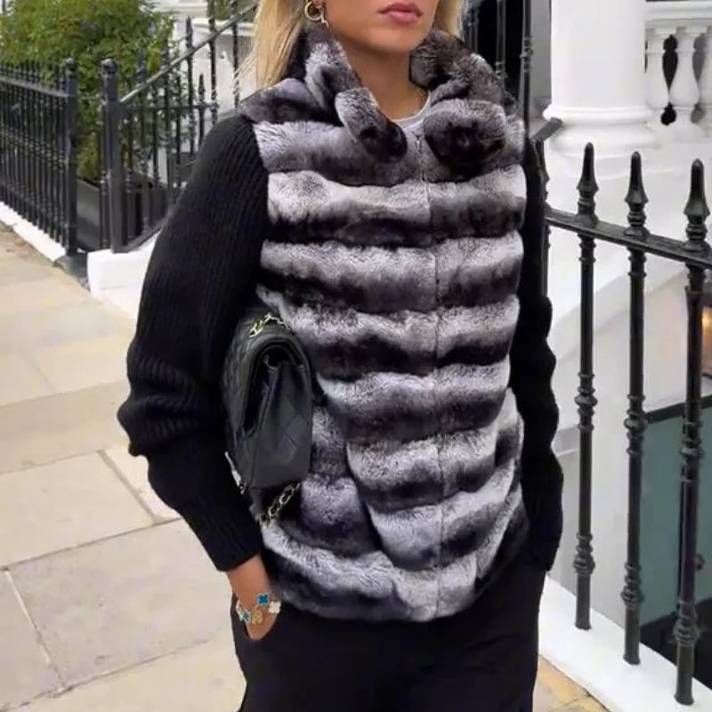 Faux Fur Patchwork Knit Coat With High Collar for Women