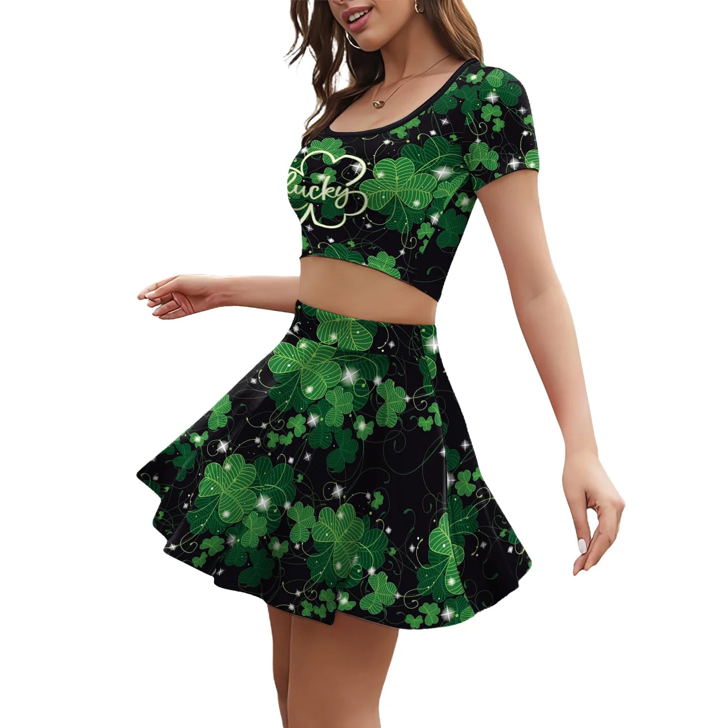 Festive Irish Green Shamrock Plaid Knit Skirt Set for Women