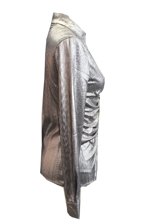 Ruched Lapel Long Sleeve Button Front Shirt for Women