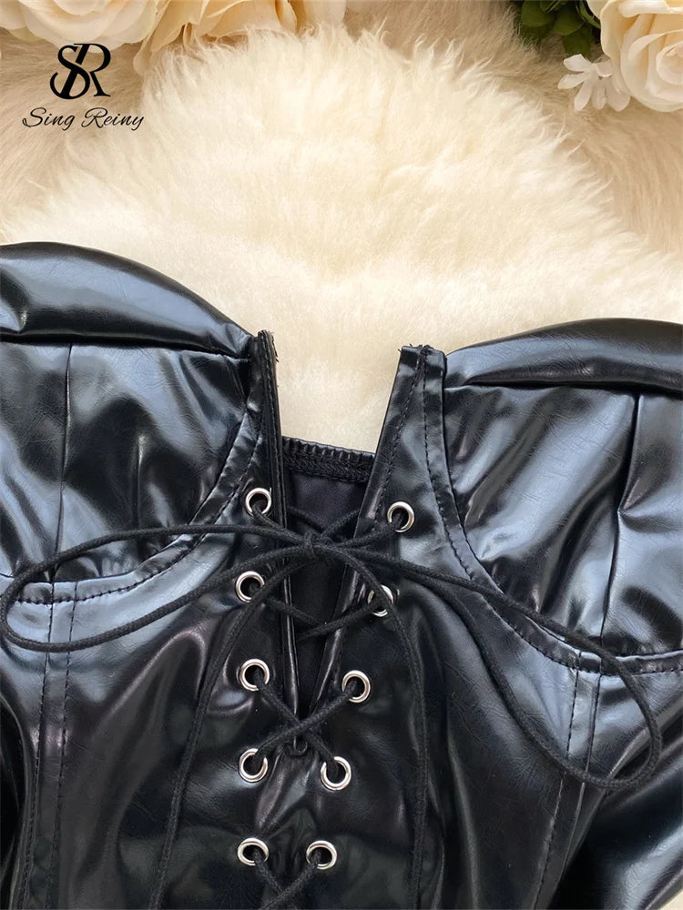 Strapless PU Leather Lace-Up Backless Bodysuit for Women