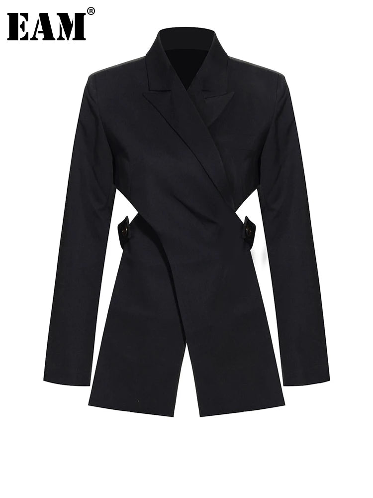 [EAM]  Women Black Cross Bandage Short Blazer New Lapel Long Sleeve Loose Fit  Jacket Fashion Tide Spring Autumn 2025 1T126