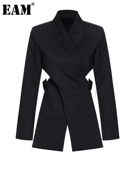 [EAM]  Women Black Cross Bandage Short Blazer New Lapel Long Sleeve Loose Fit  Jacket Fashion Tide Spring Autumn 2025 1T126