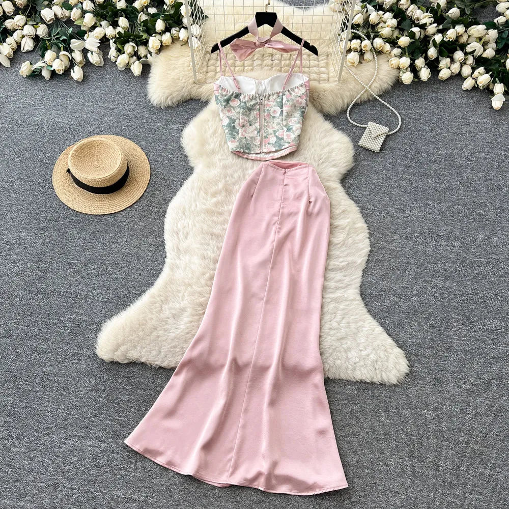 Bow Floral Satin Cami And Mermaid Skirt Set for Women