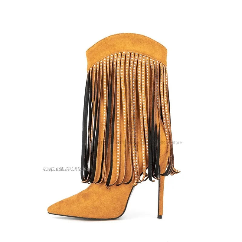 Black Pointed Toe Boots With Crystal Tassels For Women