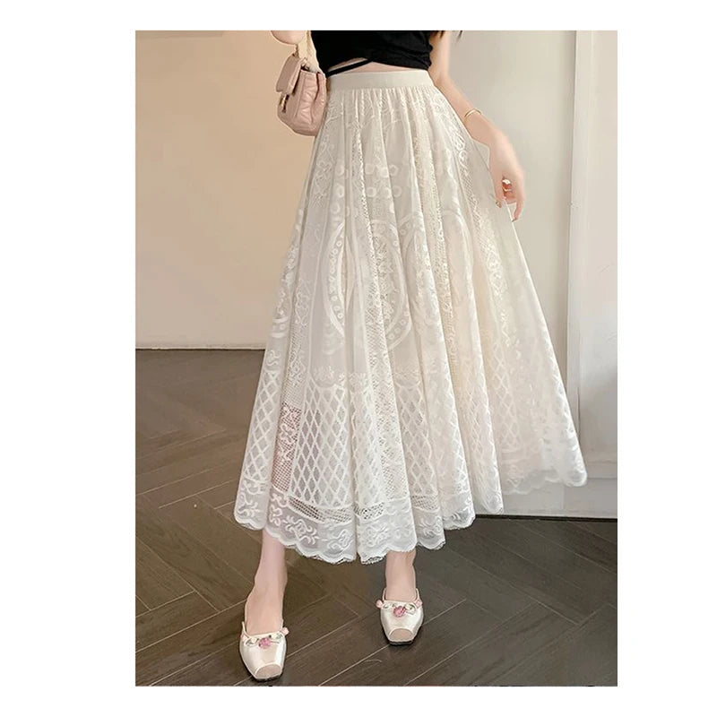 High Waisted Lace A Line Swing Midi Skirt for Women