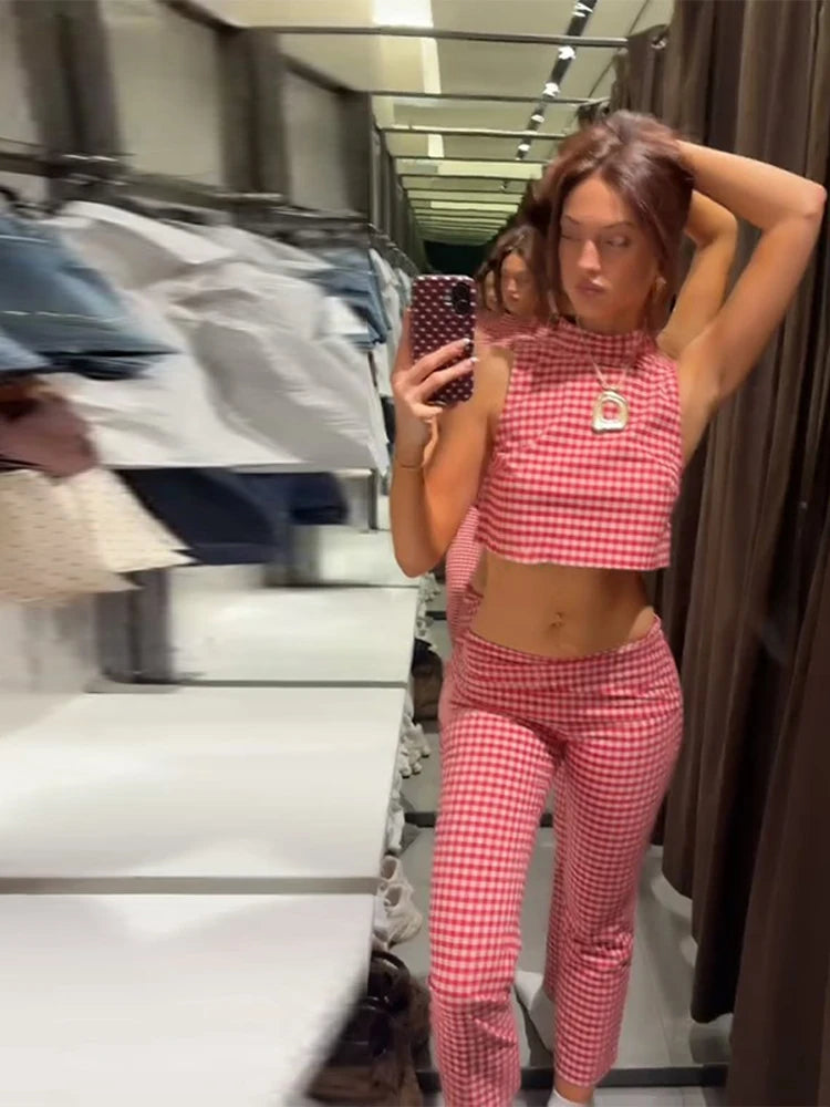Casual Plaid Vest And Pleated Pants Set Beachwear for Women