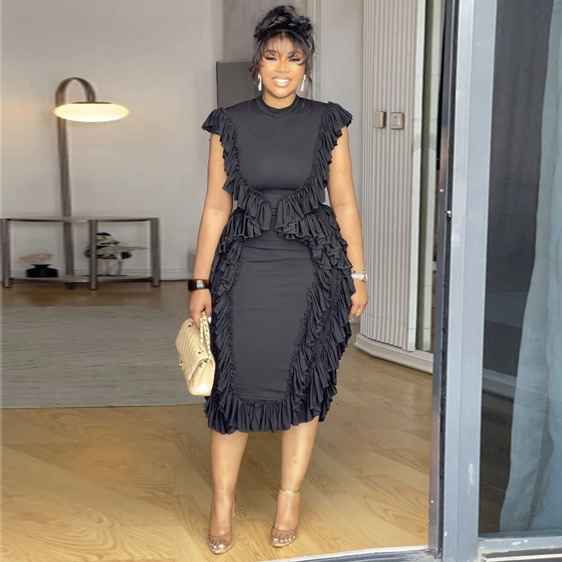 Vintage Ruffle Trim Sleeveless Midi Dress For Women