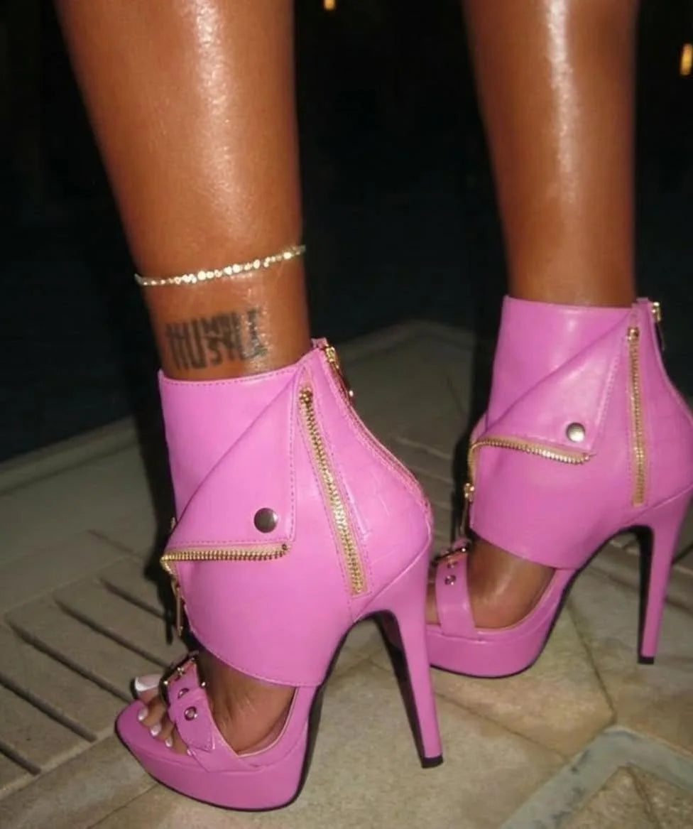 Pink Zipper Stiletto Knee High Boots