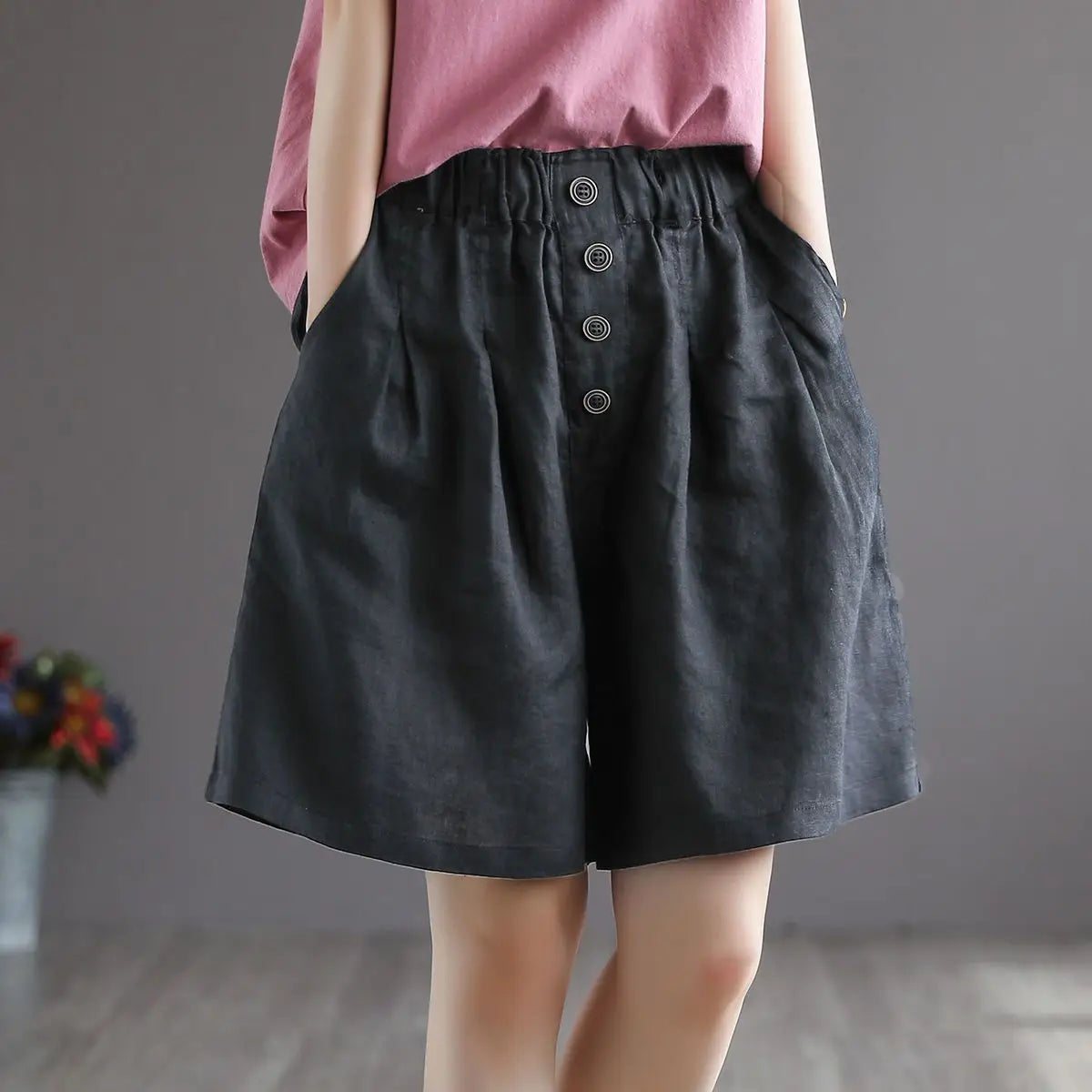 Short Pants Woman Bermuda with Waist Pocket Knee Length Mid Cotton Half Shorts for Women Elastic Linen Trend 2025 Kpop Wholesale