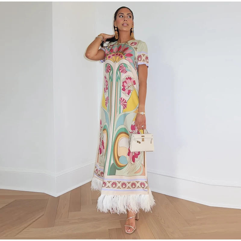 Elegant Floral Print Feather Hem Maxi Dress For Women