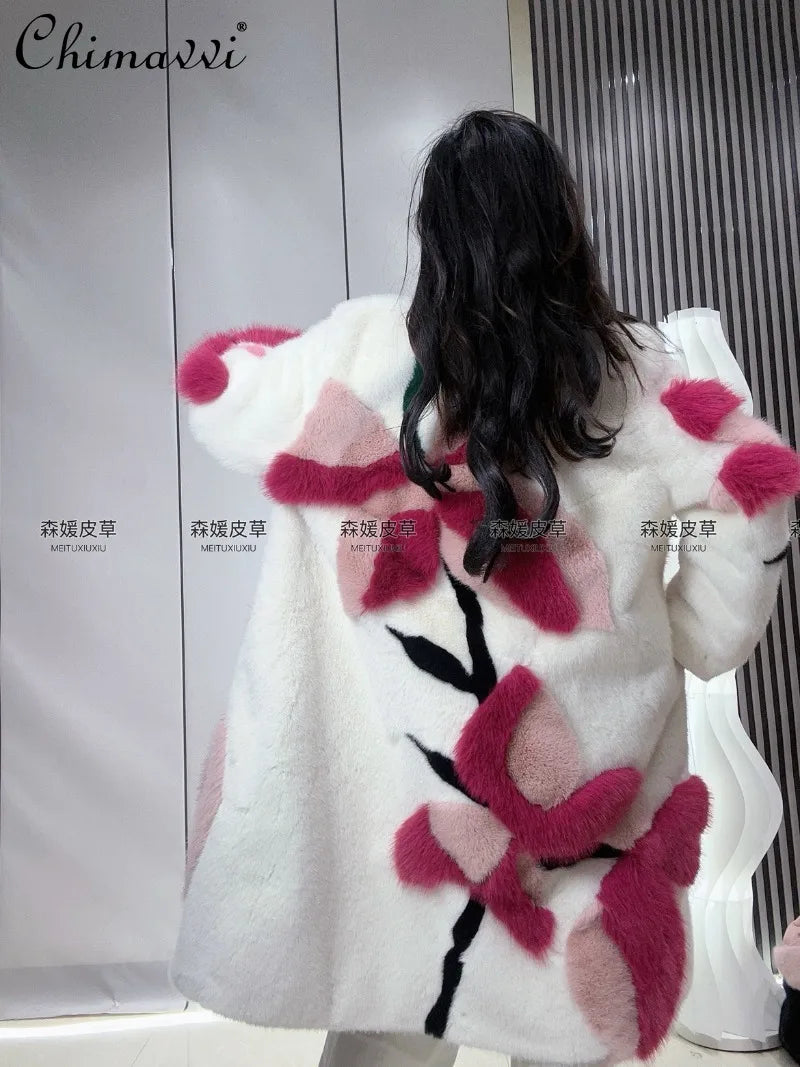 Women's Winter New Heavy Fashion Thickened Warm Light Luxury Round Neck Colorful 3D Patchwork Long Fur Elegant Women's Fur Coat