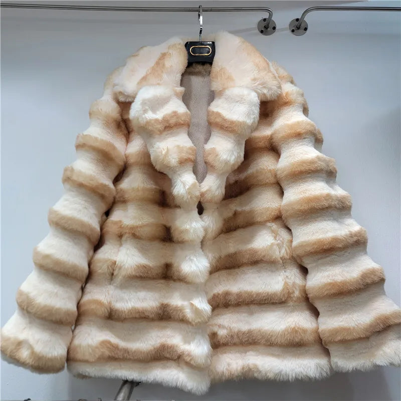 Autumn Winter Fashion Light Luxury Large Lapel Eco-Friendly Faux Fur Plush Coat Women Heavy Craft Long Sleeve Elegant Jackets