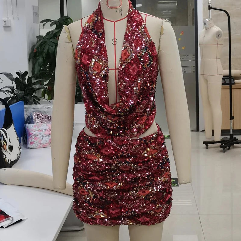 Gleaming Sequin Halter Crop Tops and Skirt Set for Women