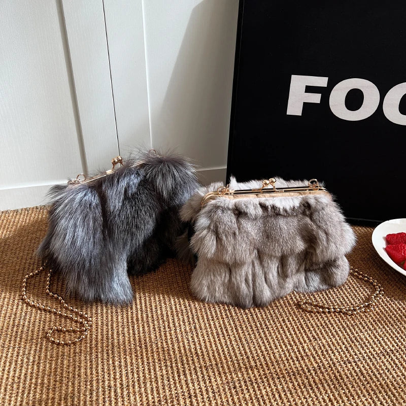 Luxurious Fox Fur Evening Clutch with Chain for Women