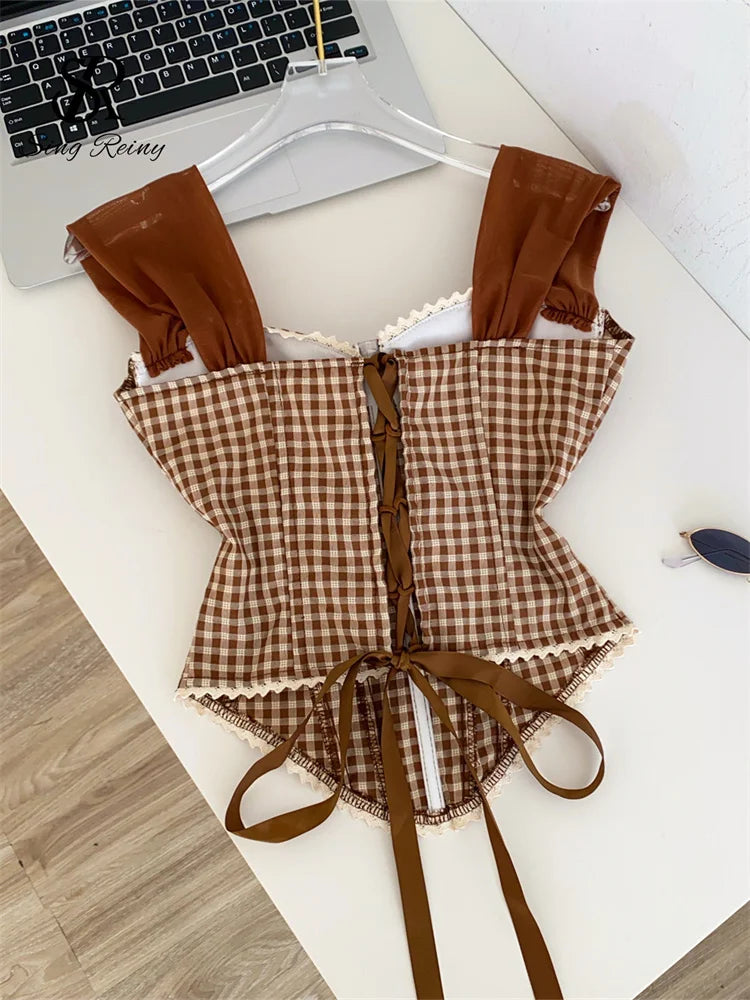 Retro Gingham Lace Up Bustier Corset Top for Women