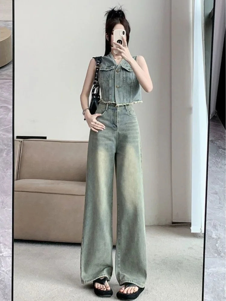 Frayed Denim Vest High Waisted Pants Set Sleeveless Jean Vest Top with Wide Leg Tapered Cropped Pants for Women Summer Outfit