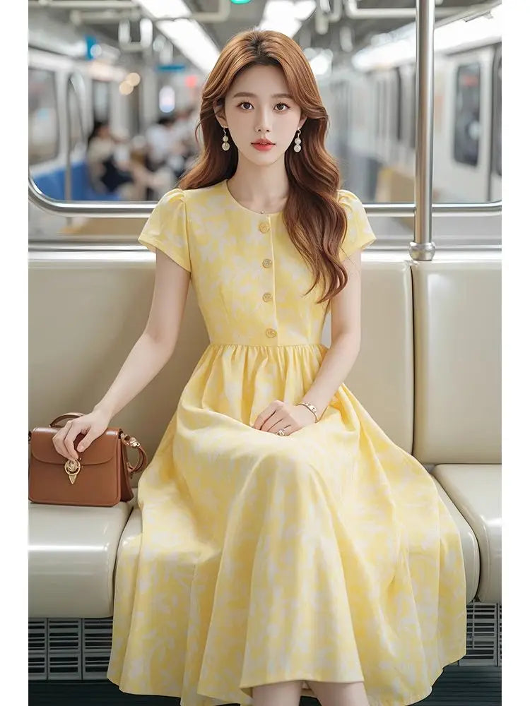 Lightweight Yellow Print Midi Dress With Cinched Waist for Women