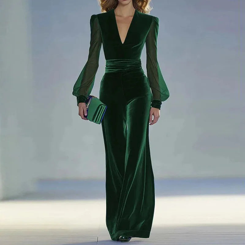 2026 Spring Sexy Deep V Neck Velvet Jumpsuit Woman Solid High Wait One Piece Office Romper Fall Mesh Long Sleeve Hollow Overalls