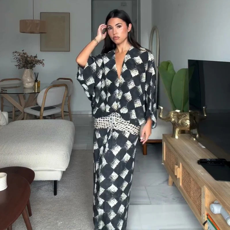 Casual Patchwork Print V Neck Maxi Dress for Women