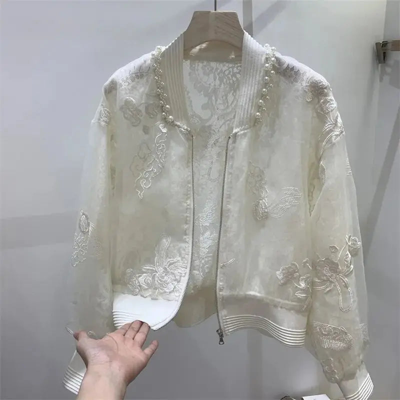 Bead Embroidered Round Neck Baseball Jacket For Women