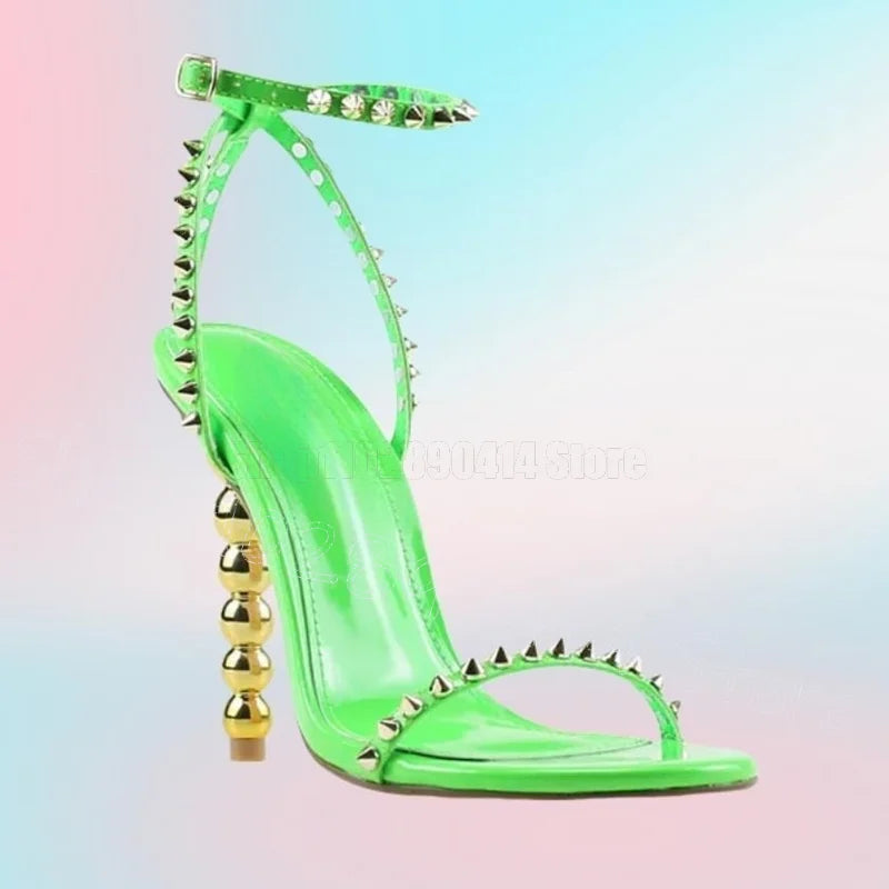 Rose Red Spiked Buckle Strap Heel Sandals for Women