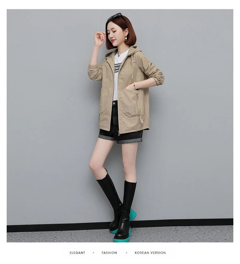 Lining Hooded Coat Female Spring And Autumn Temperament Short Jacket Casual Short Trench Coat Female Hooded Outwear Khaki