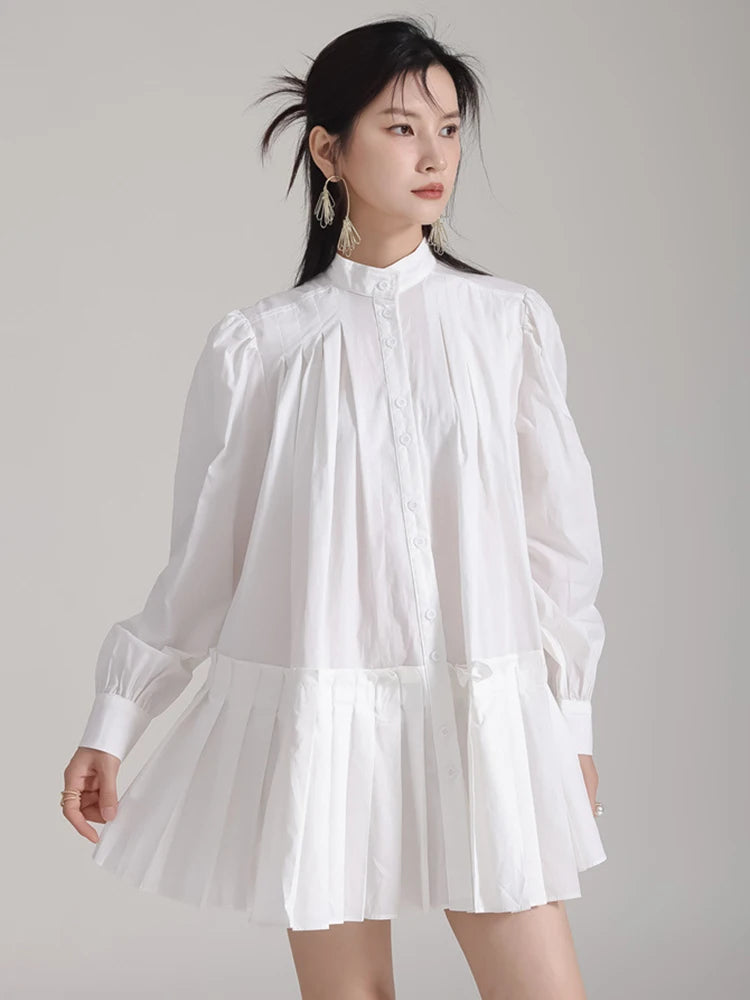 [EAM] Women Blue Pleated Hem Long Big Size Blouse New Stand Collar Long Sleeve Shirt Fashion Tide Spring Autumn 2025 1DH5707