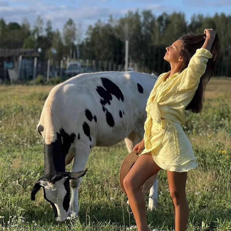Casual Tie Up Mini Skirt Outfit 2025 Summer New Seaside Beach Sunscreen Suit Holiday Long Sleeve Single Breasted Shirt Women Set
