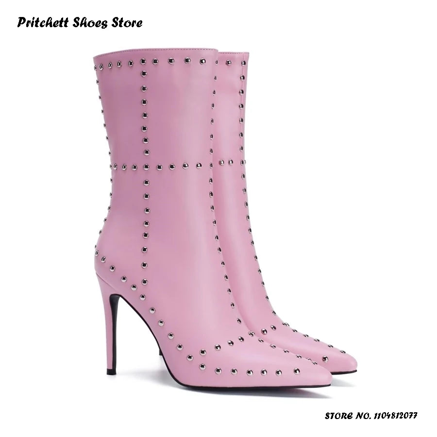 Studded Leather Pointed Toe Ankle Booties For Women