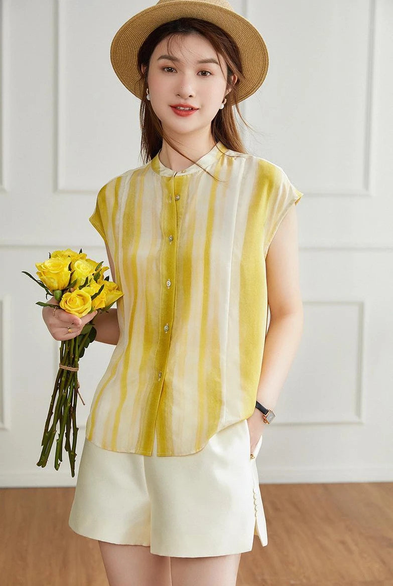 Women's Shirt and Blouse Chiffon Yellow Sleeveless Striped Female Tops Loose Summer Button Up Y2k Fashion Sale of Pretty Xl M