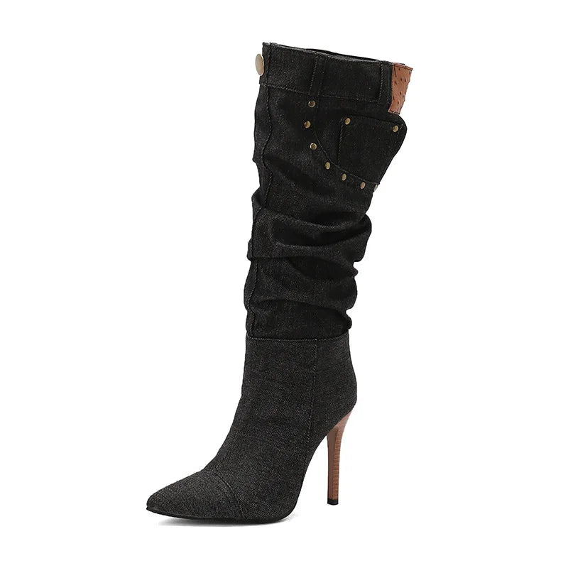 Fashion Knee High Pointed Pleated Denim Boots With Stiletto Heels For Women